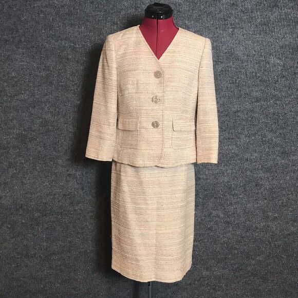 Kasper Skirt Suit Women’s Petite Size 4P Cream Tweed 2-Piece Set Blazer & Skirt - Picture 1 of 9